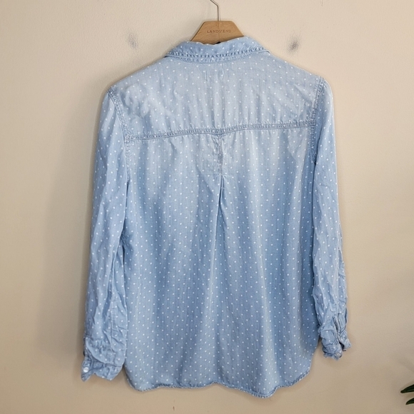 Sneak Peek | Chambray White Polka Dot Button Front Shirt Size Medium - Picture 3 of 4